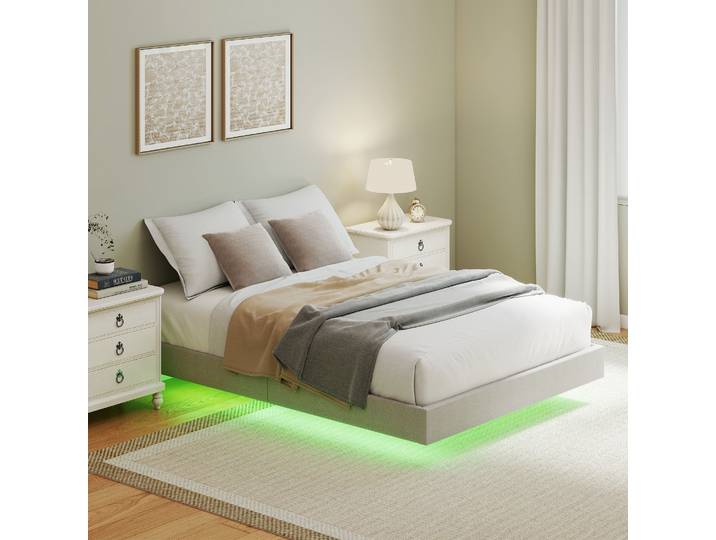 HOMCOM Lit Flottant 140x190cm LED Lin Beige Lattes Bois