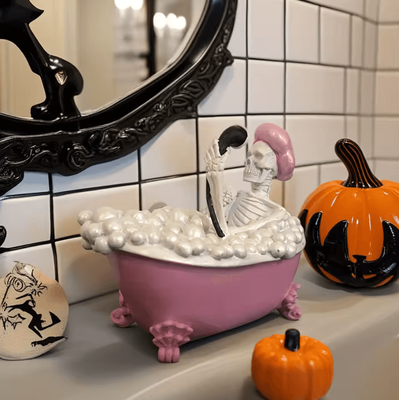 Inspire Curations Spooky Skeleton In Pink And White Bathtub Halloween Decorative Figurine skeleton