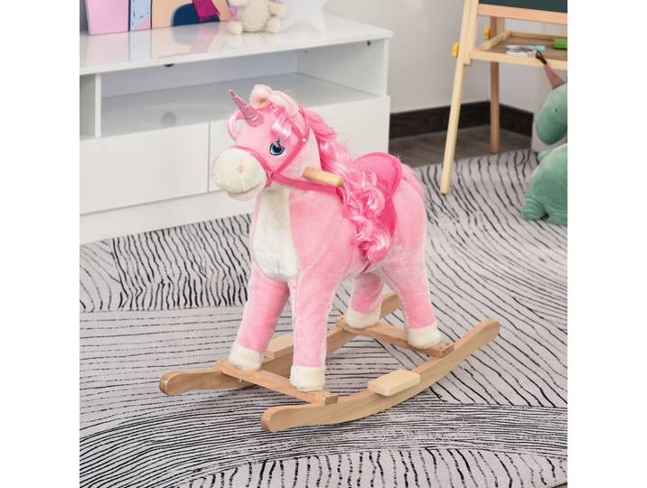 HOMCOM Cheval à Bascule Licorne Bois Rose avec Sons Authentiques
