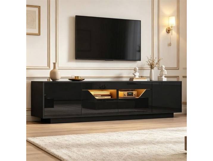 Meuble TV 180x40x45cm Lowboard avec 2 Tiroirs et 2 Placards Meuble TV Brillant avec LED Table TV pour Téléviseurs jusqu'à 75 Po