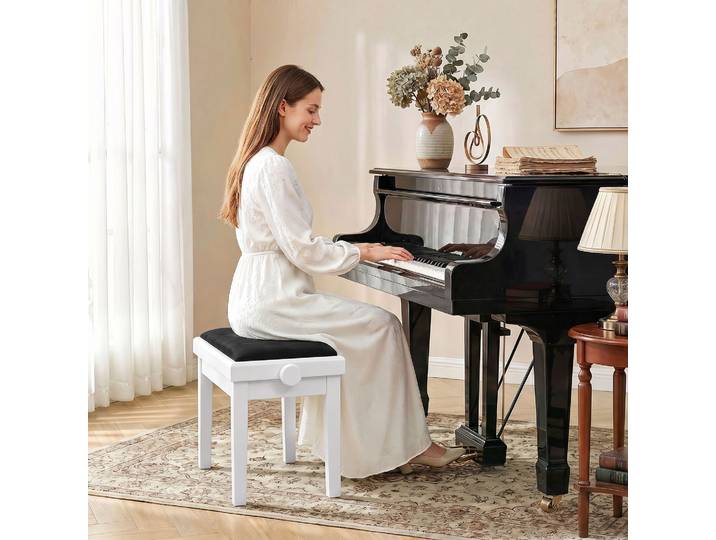 HOMCOM Banc Piano Réglable Velours Blanc Pieds Bois