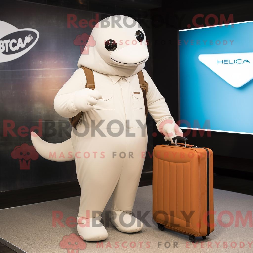 Maskottchen REDBROKOLY eines hellbraunen Beluga-Wals mit Overall und Aktentasche