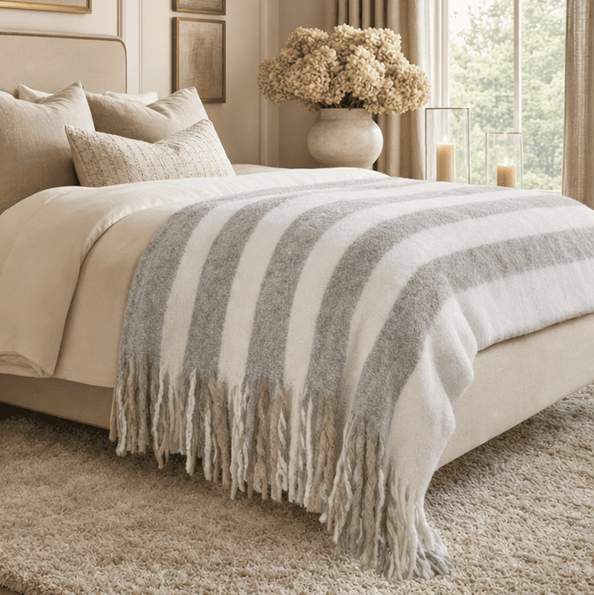 Ottilie Grey & White Striped Tasselled Throw