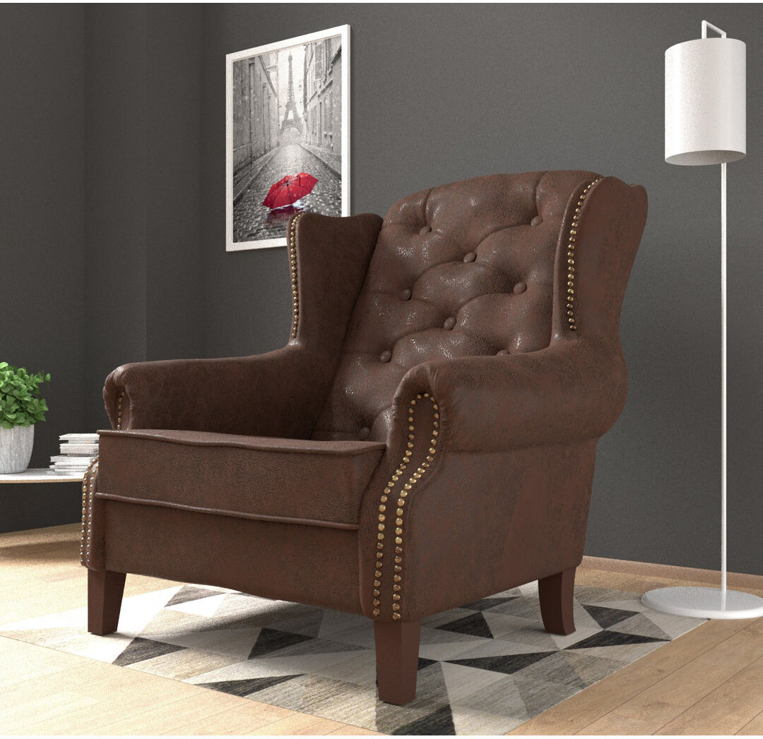 S-Style Furniture Chesterfield Wingback Armchair with Quilting And Wooden Legs Made of Luxury Microfibre Vintage Look Brown 102cm H X 102cm W X 93cm D