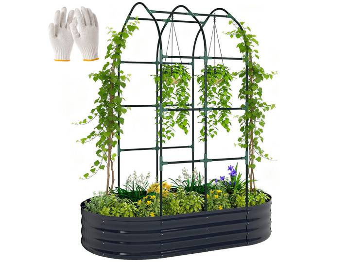 ComfortXL Hochbeet De-12294 mit Rankbogen 160/90/180 cm Dunkelgrau, Metall, 160x180x90 cm, Gartenzubehör, Hochbeete
