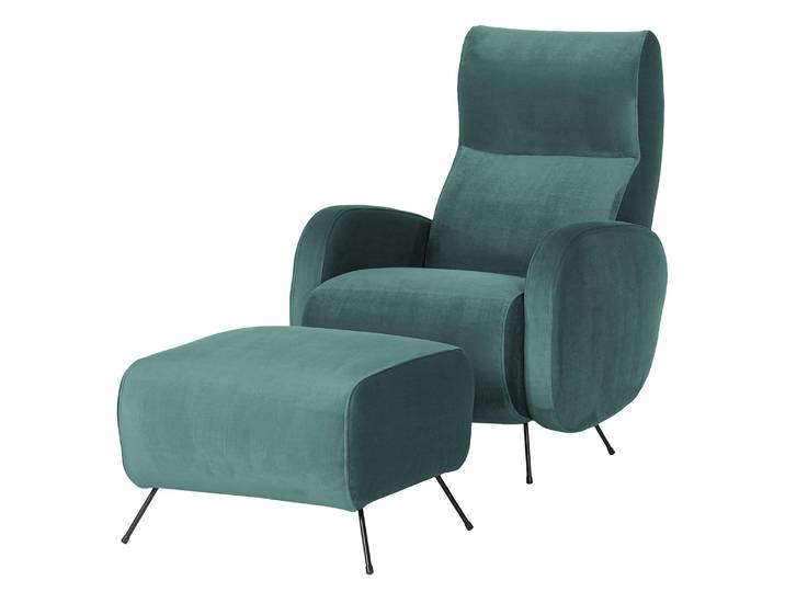 Sessel Vains Grün/Petrol Samt Ravi mit Hocker 78 x 104 x 93cm
