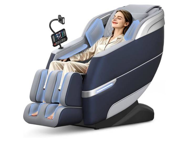 Fauteuil relaxant haut de gamme siège massant avec fonction vocale IA écran LCD haut-parleurs Bluetooth intégrés bleu-argent