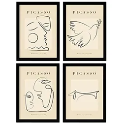 POSTER Set mit 4 Picasso Sammlung von Linienfrieden Ästhetische A3 Schwarzer Rahmen