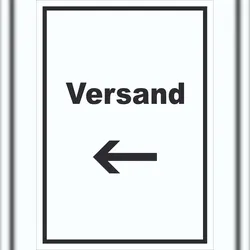 HB-Druck Versand Schild mit Text und Richtungspfeil links Lieferung shipping hochkant A1 (594x841mm)