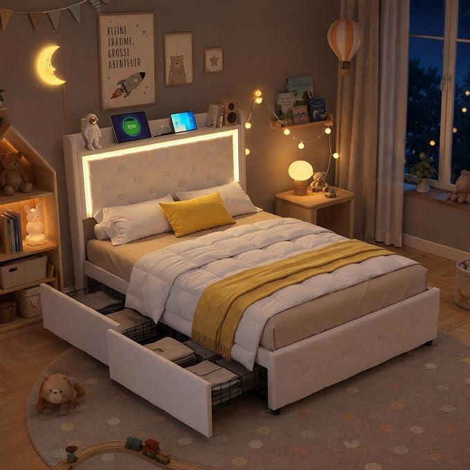 Einzelbett 90x200 mit LED-Beleuchtung und USB, Kinderbett 90x200 mit 2 Schubladen, Gepolstertes Bett mit Kopfteil, Gepolstertes Bettgestell mit Lattenrost, Samt, Beige (ohne Matratze)