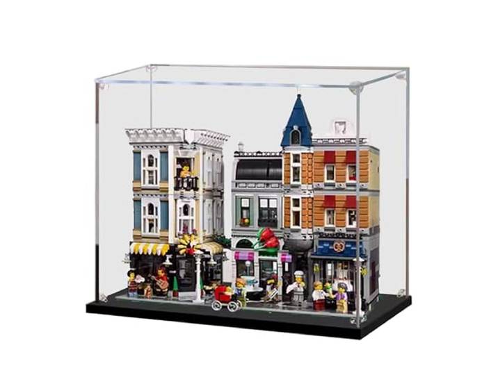 HCAEIOFJ Transparente Acryl-Vitrine für Lego Creator Expert 10255, anwendbar für Stadtleben Display Box Wars Geschenk (nur Vitrine) (schwarzer Boden 2 mm)