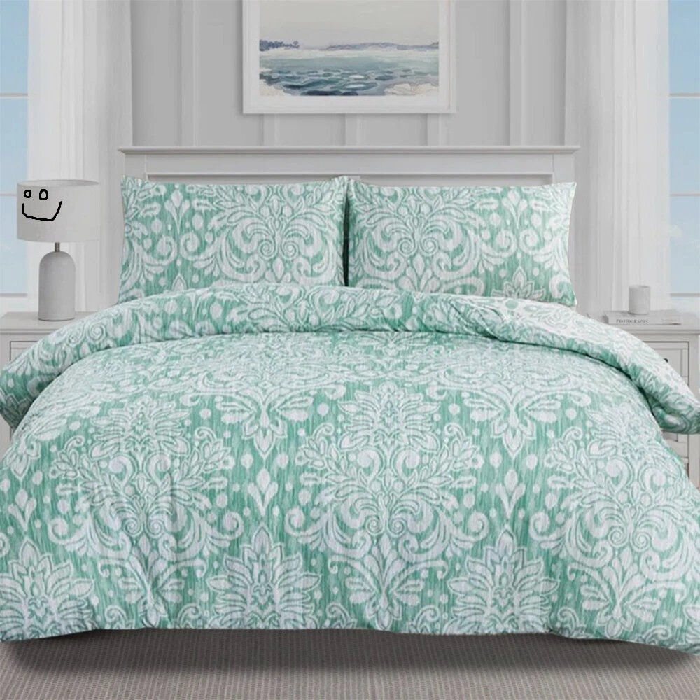 SHAZ HOME Cotton Damask Duvet Cover Set Green Damask Super King Duvet Cover Set + 3 Additional Pieces