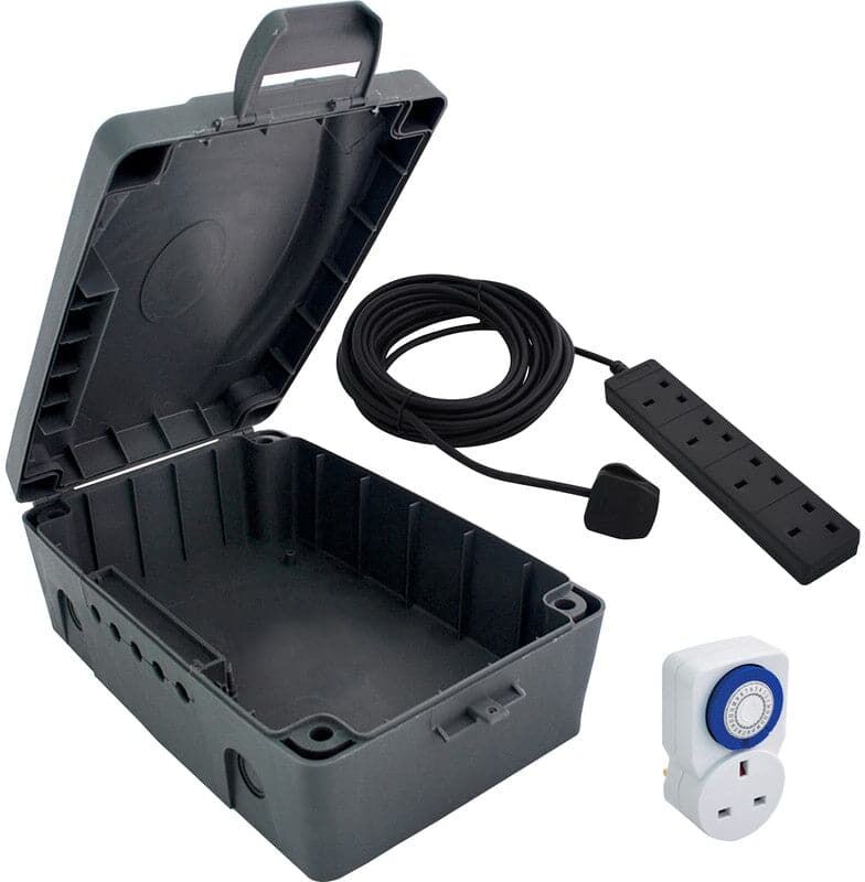 Masterplug IP54 Weatherproof Enclosure Lead & Timer 4 Gang 8mGrey, New