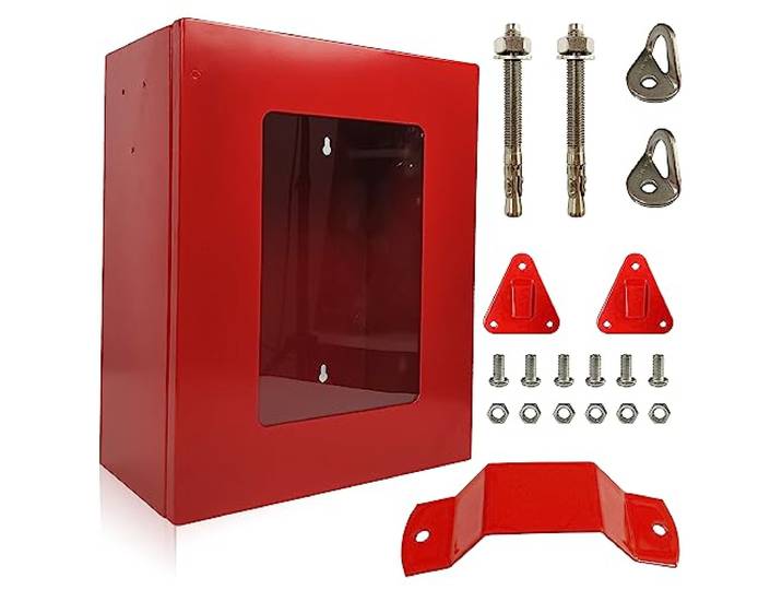 Feuer-Evakuierung Station Groß – Box für Brandschutzartikel – mit Haken für Löschdecke und Feuerlöscher – 36 * 29 * 17 cm – Wandschrank - AED-Defribilliator Schrank