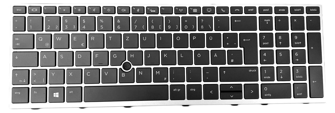 T-ProTek Duits toetsenbord met TrackPoint en verlichting, zwart/zilver, compatibel met HP EliteBook 850 G5 (4BC94EA)