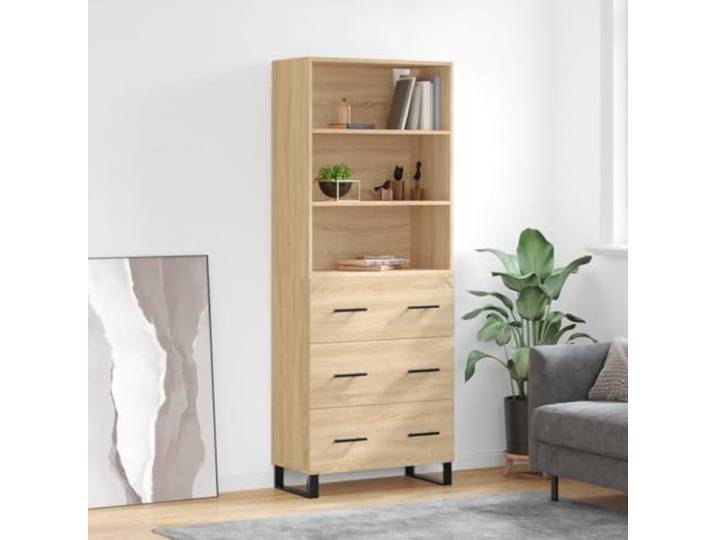 Elegantes Aufbewahrungsmöbel als Raumteiler: Stilvolles Highboard in Sonoma-Eiche aus Holzwerkstoff fürs Wohnzimmer mit Metallfüßen und Türen, bietet viel Stauraum und benötigt