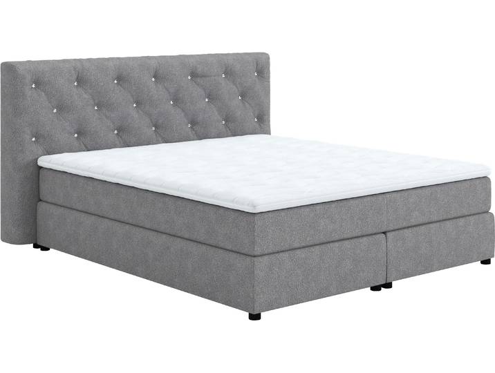 Boxspringbett, 100% Polyester, Grau, 207×222 cm, Mit Strasssteinen, Cotta Castle