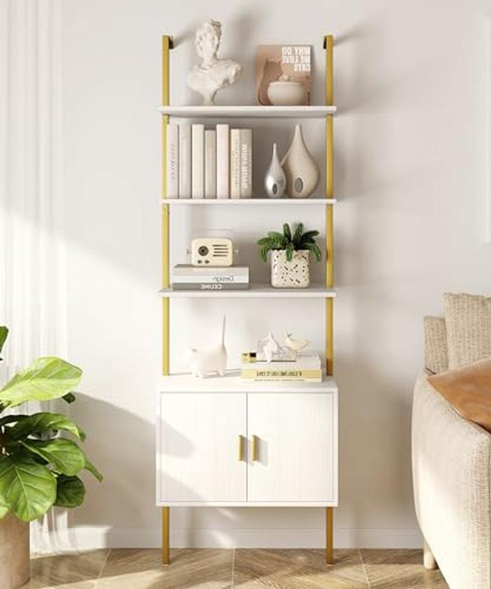 Industriële Wandmontage Boekenplank met Ladder Design en Metalen Frame - Wit en Goud