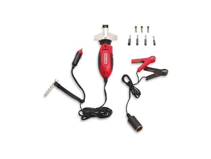 Oregon – Affûteuse De Chaîne 12v – 4 Meules D'Affûtage 4-5\,5mm – Pour Bois Dur – Cordon 5m – Verrouillage De L'Axe Facile