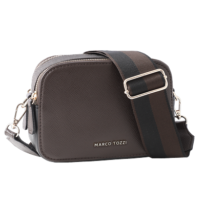 Umhängetasche MARCO TOZZI, Damen, braun (dunkelbraun), Lederimitat, Taschen Umhängetasche, Damen Umhängetasche, Clutch mit goldfarbenem Logo