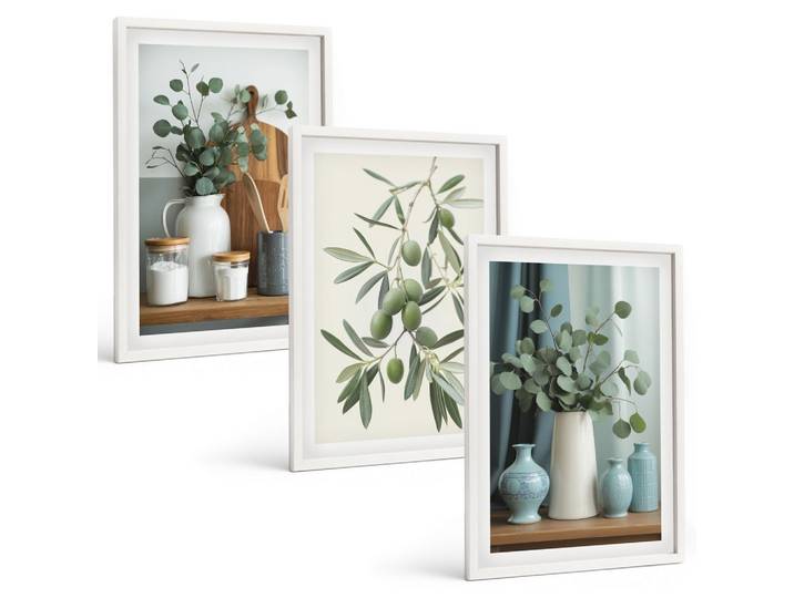 BILDER SET 3er Set - 40x60 cm Weißer Rahmen - Grüne Oliven, Eukalyptus