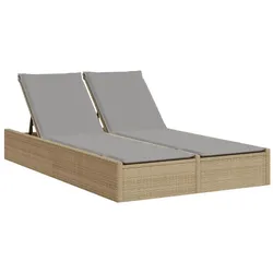 vidaXL Doppel-Sonnenliege mit Auflagen Beige Poly Rattan