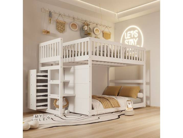 Lit superposé bas enfant – 140 x 200 cm – bois blanc – escalier latéral avec 4 tiroirs