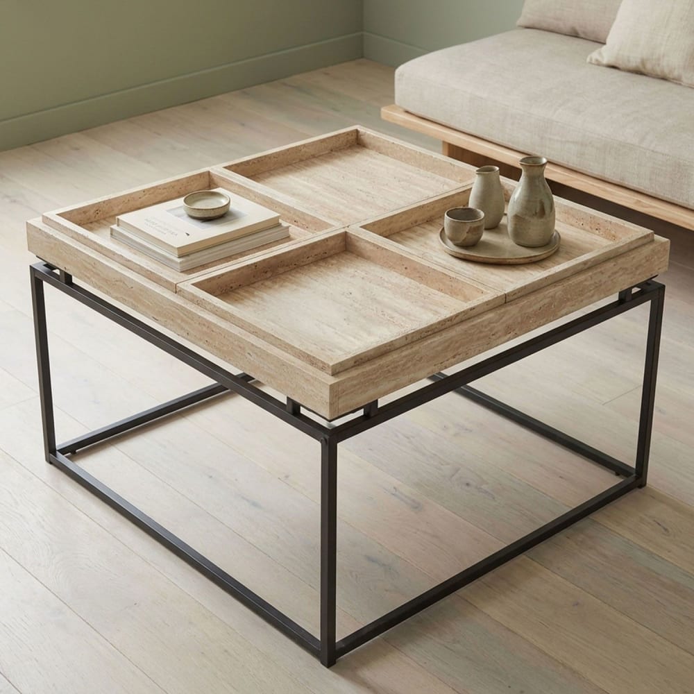 Menzzo Table basse carrée avec plateau compartimenté réversible 80x80cm effet Beige 80x45x80cm