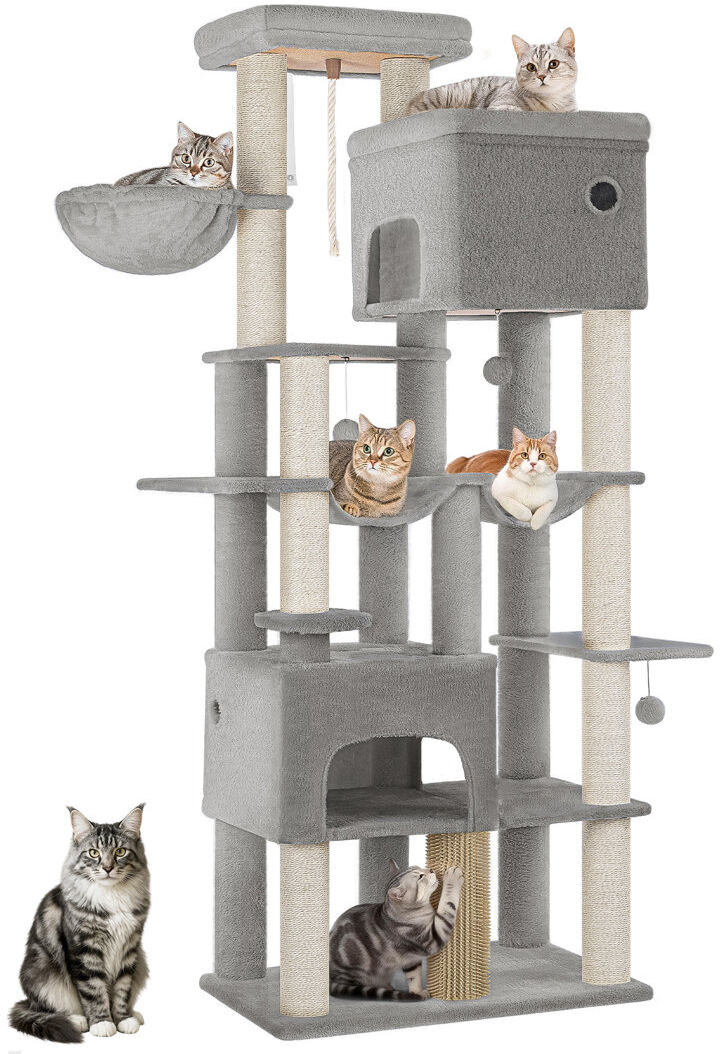 Happy Larry 185 cm Large Cat Tree, XL Heavy Tall Cat Tower for Maine Coon, Multi-level Cats Climbing Tower with 2 Condos and 10 Sisal, 2 Hammocks Light Grey 185cm H X 68cm W X 45cm D
