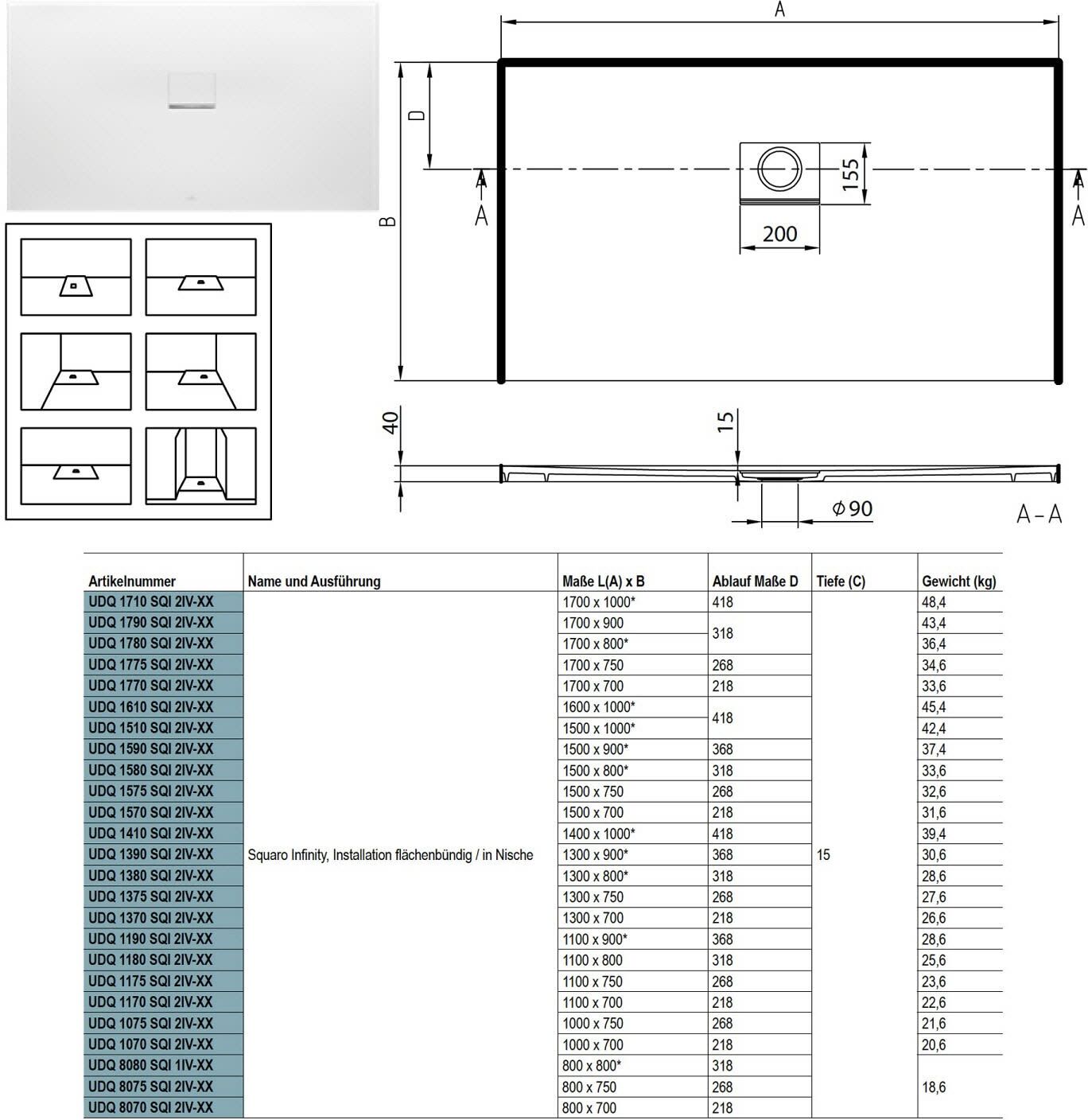 Villeroy & Boch Squaro Infinity Duschwanne 80 x 70 cm für flächenbündige Installation