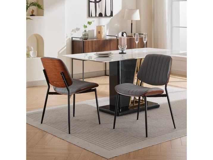 Dining Chairs Set of 2 Mid Century Modern Retro Faux Leather Chair with Walnut Bentwood Back Upholstered Seat Metal Legs Adjustabl