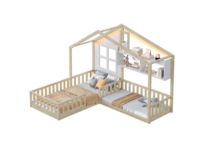 Flora Grace Kinderbett 90/200 cm aus Holz mit LED-Beleuchtung und Regalen, Naturfarben, 90x200 cm, Babymöbel & Kindermöbel, Kinderzimmer & Jugendzimmer, Kinderbetten, Spielbetten