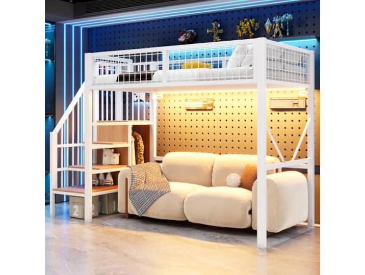 Merax Metall-Hochbett 90x200 cm mit Leiter, Stauraum, LED-Beleuchtung und Drahtgitter-Schutzgitter – platzsparend mit 144 cm Bodenfreiheit, Weiß (Ohne Matratze)