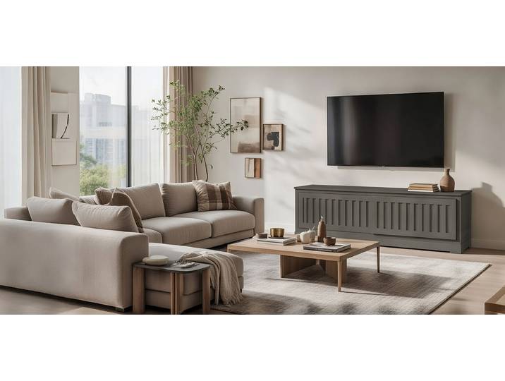 Meuble TV cannelé Pin massif brossé Gris/Gris 166cm