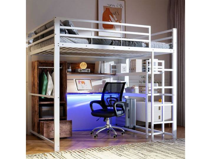 Lit mezzanine - LANGTU - 140x200 - Métal & MDF - Bureau intégré - Éclairage LED 16 couleurs