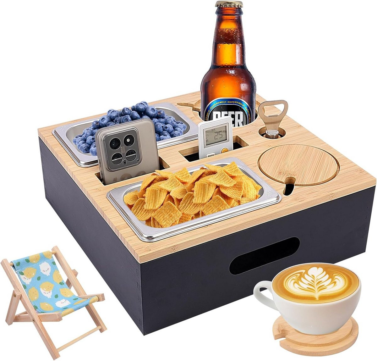 Houten bankbar met snackbox en bekerhouder en roestvrijstalen schalen