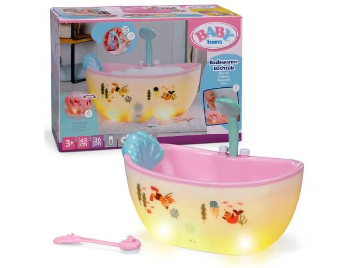 BABY Born Badewanne mit Licht- und Soundeffekten für 36 und 43 cm Puppen Elektronischer Duschkopf, Licht- und Soundeffekte, Rückenbürste inklusive