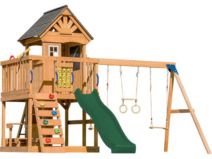 AXI Jack Spielturm aus Holz in Braun mit Doppelschaukel Spielplatz für Kinder mit grüner Rutsche, Schaukel, Trapez, Kletterwand, Picknicktisch &