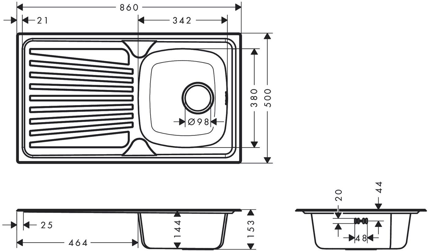 Hansgrohe S21 S210-A342 86 Einbauspüle 342 mit Abtropffläche und manueller Ablaufgarnitur, Küchenspülen, 43372800, edelstahl