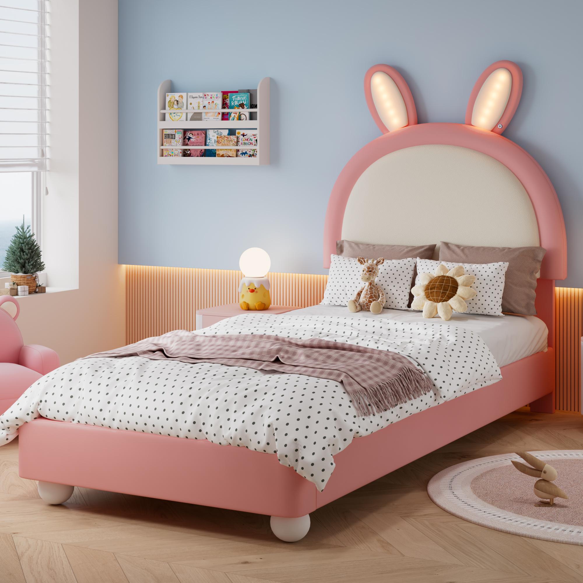 okwish Polsterbett 90x200 mit Matratze Kinderbett mit Hasenohren-Kopfteil Einzelbett Bettgestell LED-Lichtleiste Weiche Antikollisions-Schwammkante Rosa