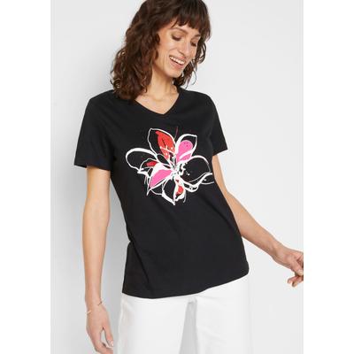 T-Shirt BONPRIX, Damen, Gr. 36/38 (S), schwarz bedruckt, Obermaterial: 100% Baumwolle, figurumspielend, Shirts T-Shirt, aus Baumwolle, mit floralem Druck, Kurzarm-Design