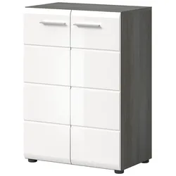 KOMMODE weiß Hochglanz, grau 60 cm, Sideboard mit Rillenoptik