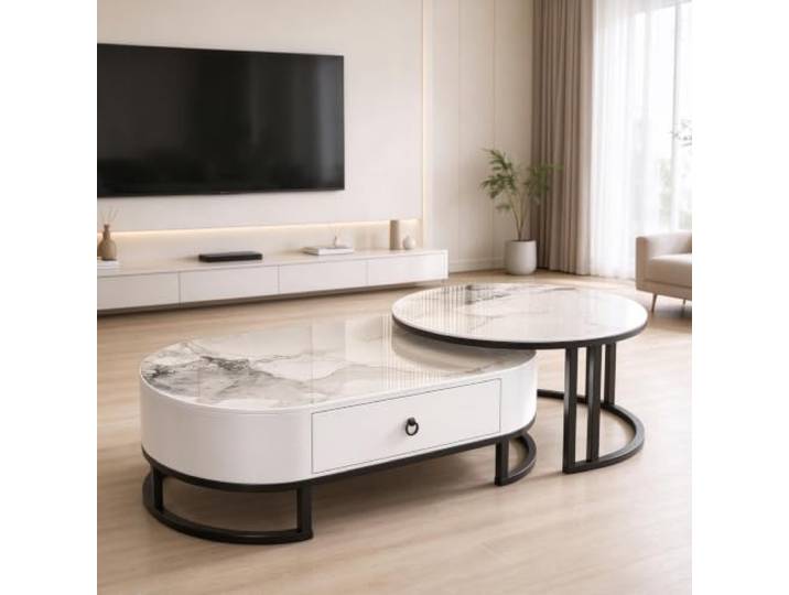 YHTCSXMD Ausziehbarer Couchtisch mit Steinplatte und Schublade Nesting Design, Steinplatte, Stahlrahmen, Holzschublade, couchtisch rund, couchtisch modern, Wohnzimmer