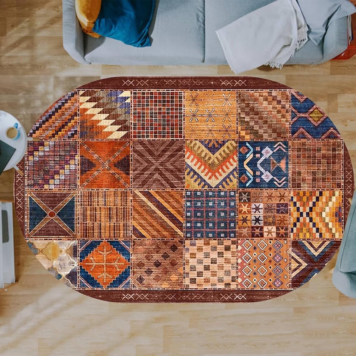 Blauw Patchwork Vloerkleed Ovaal met Zachte Korte Pool - 140 x 200 cm