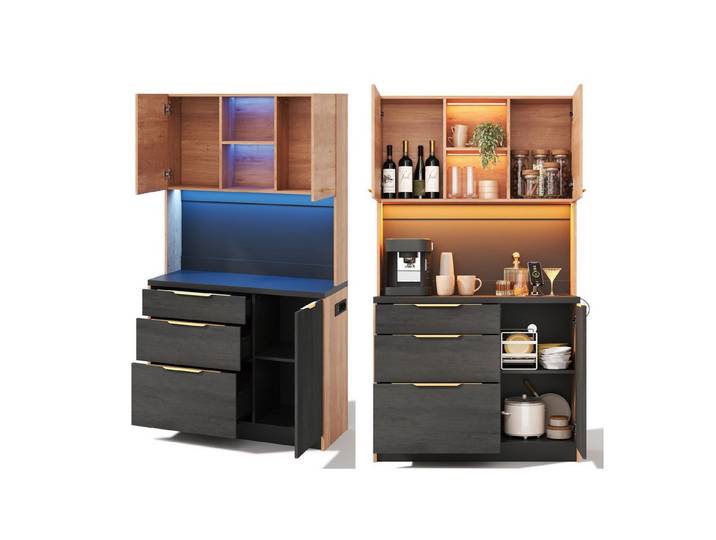 SeedWave Buffet Modernes Küchenbuffet 180cm Höhe mit LED-Beleuchtung, Ladefunktion 37cm Tiefe Arbeitsplatte, verstellbare offene Fächer, Metallgriffe