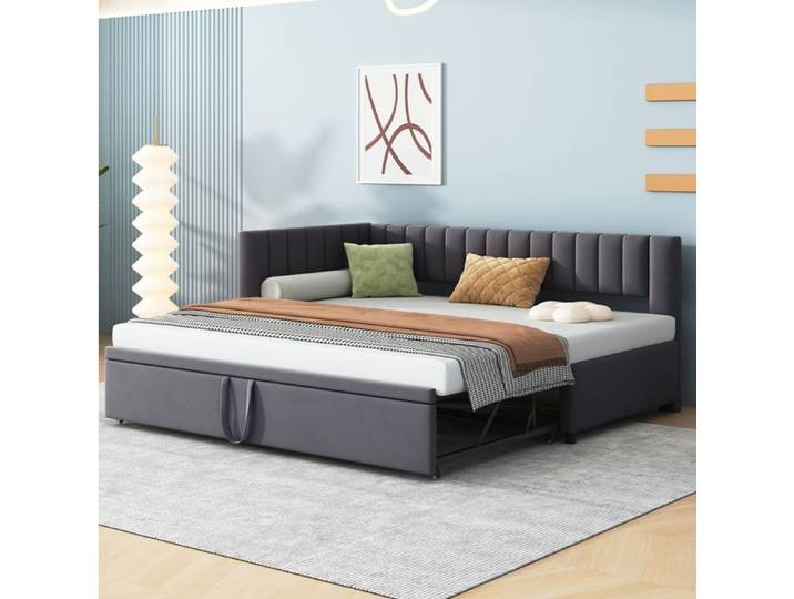 VUENOR Lit gigogne 90x200 cm gris – canapé-lit en L extensible sans matelas
