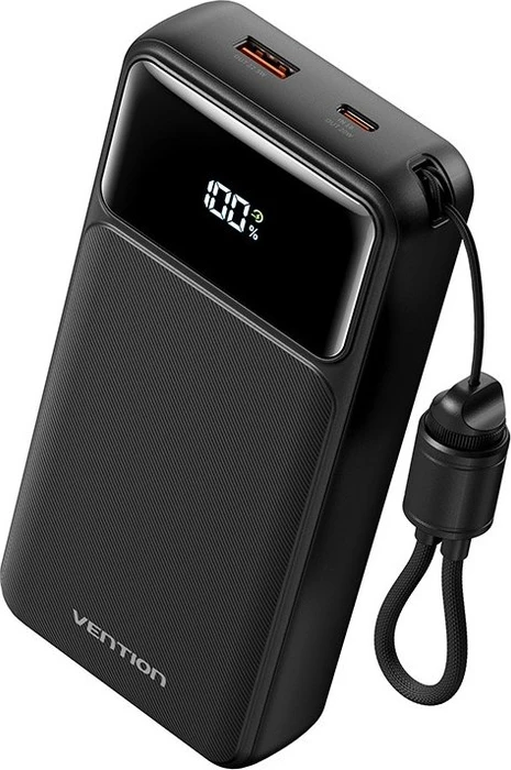 Vention 20 000 mAh Power Bank (USB-C + USB-A) with Built-in Cable 22,5 W Black LED Display Type