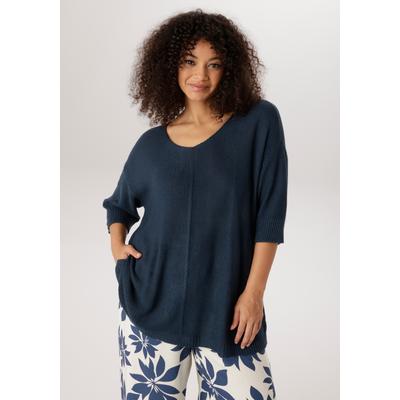Strickpullover ANISTON PLUS, Damen, Gr. 46, blau (marine), Strick, Obermaterial: 100% Polyacryl, unifarben, figurumspielend Po-bedeckend, V-Ausschnitt, Bündchen, Pullover Strickpullover, mit tollem Strickmuster