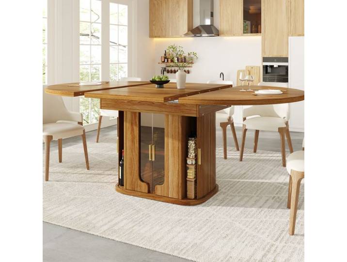 SENVIRO Table à manger extensible ronde 118 à 158 cm rangement intégré Walnut