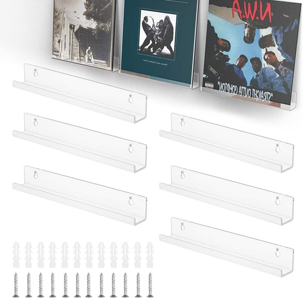 SnelShoppen 6-Pack Wandplank voor Vinylplaten - Acryl Platenhouder voor LP's en Foto's - B/D/H: 30,5 x 4,3 x 4,5 cm